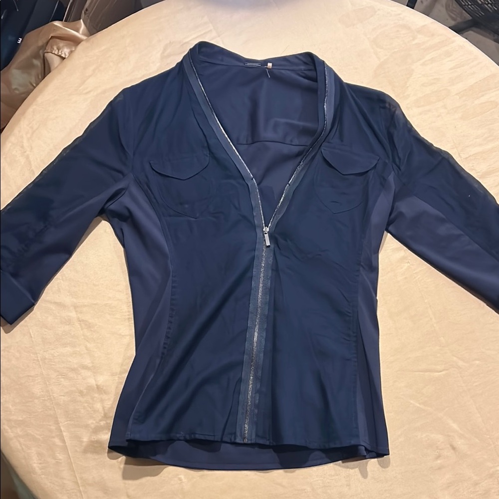 ELI TAHARI Navy Blue Zip-Up Blouse S